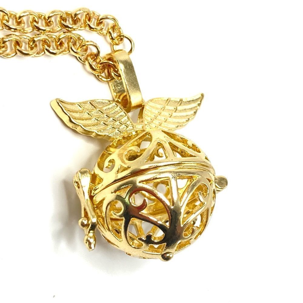 Long Gold Chain Golden Wings Lava Stone Aromatherapy Pendant Necklace